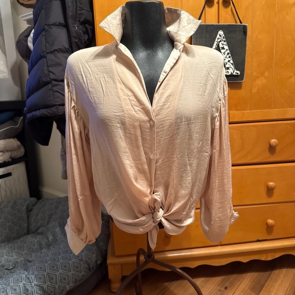 NWT Glam Satin Blouse Taupe Size Small Tie Front Long Sleeve
